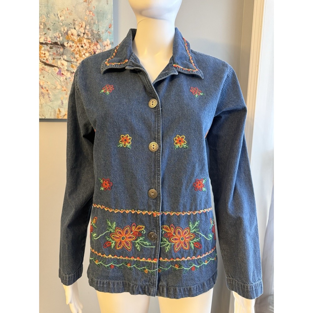Vintage Bobbie‎ Brooks Denim Floral Embroidered Button Jacket Women's Small 4/6